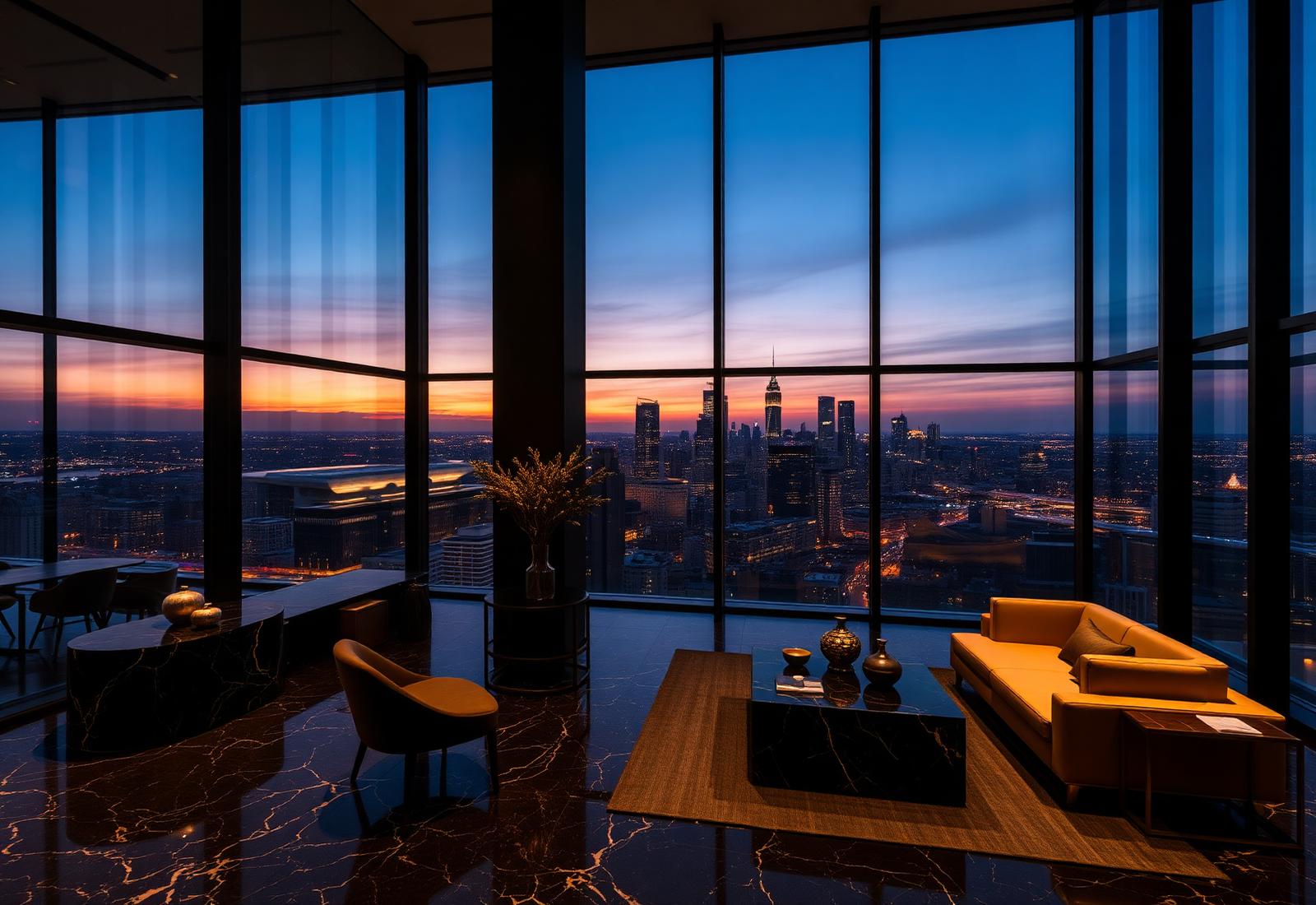 Luxury real estate operations office at dusk
